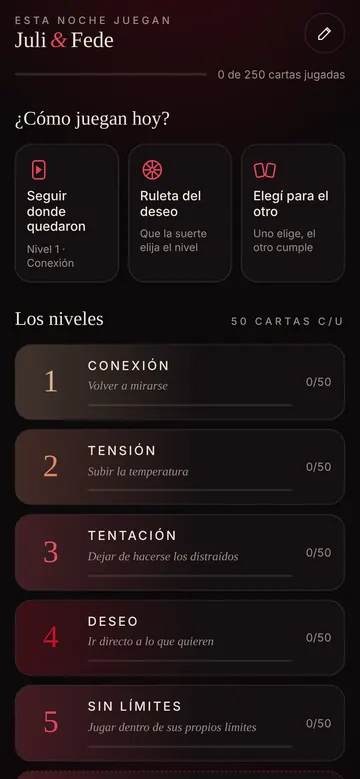 Inicio de la app con los niveles